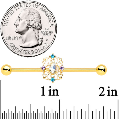 14 Gauge White Synthetic Opal Gold Tone Web Industrial Barbell 38mm