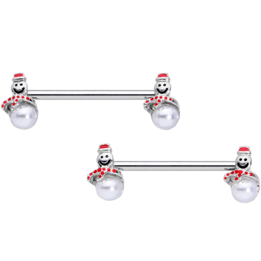 14 Gauge 5/8 Pearlescent Orb Snowman Christmas Barbell Nipple Ring Set