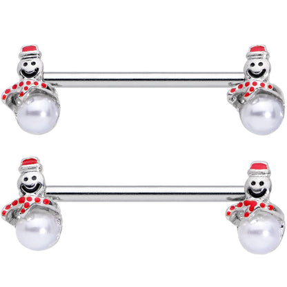 14 Gauge 5/8 Pearlescent Orb Snowman Christmas Barbell Nipple Ring Set