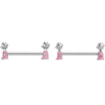 14 Gauge 5/8 Clear Gem Pink Champagne Bottles Barbell Nipple Ring Set