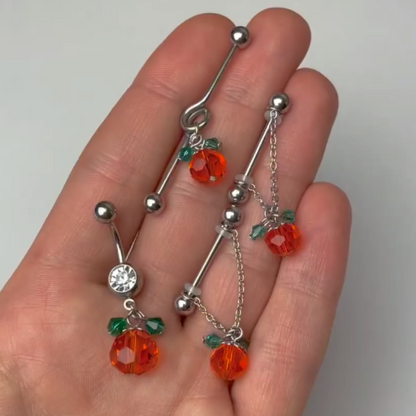 14 Gauge 5/8 Green Orange Gem Pumpkin Halloween Dangle Nipple Ring Set