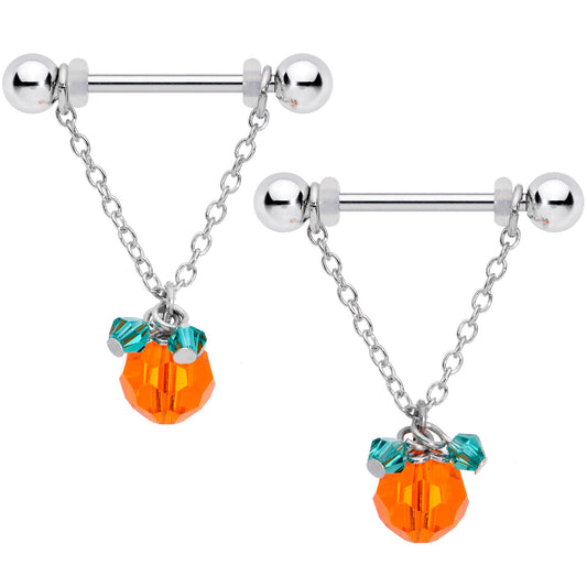 14 Gauge 5/8 Green Orange Gem Pumpkin Halloween Dangle Nipple Ring Set