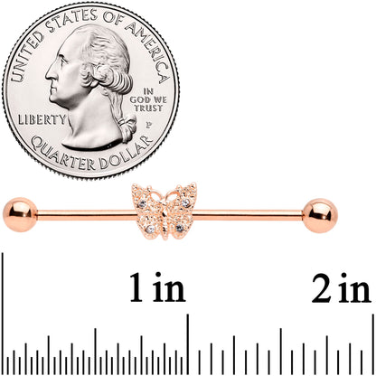 14 Gauge Clear Gem Rose Gold Tone Butterfly Industrial Barbell 38mm