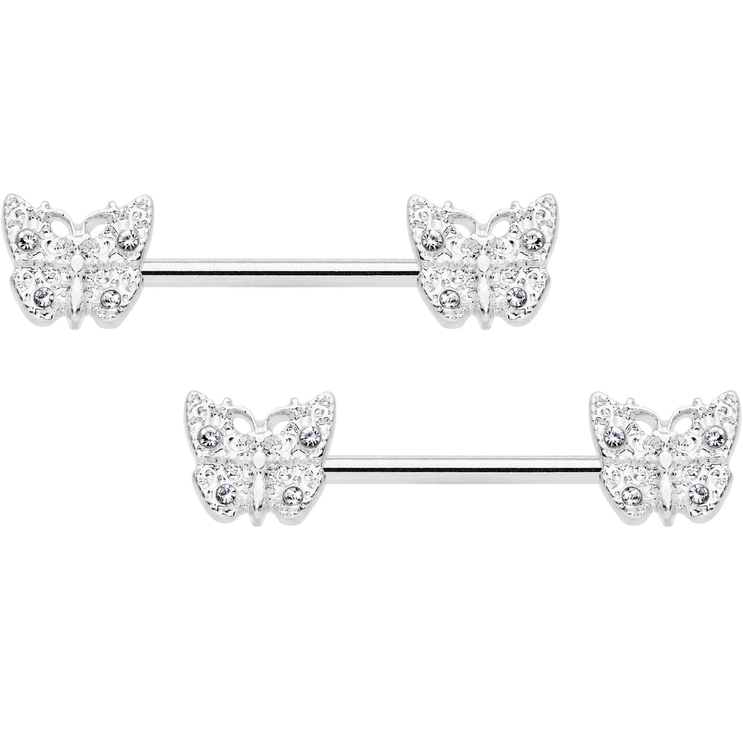 14 Gauge 9/16 Clear Gem Baroque Butterfly Barbell Nipple Ring Set