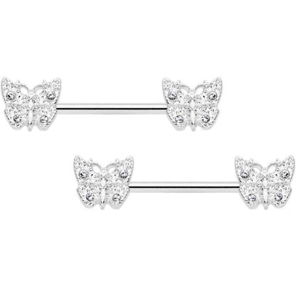 14 Gauge 9/16 Clear Gem Baroque Butterfly Barbell Nipple Ring Set