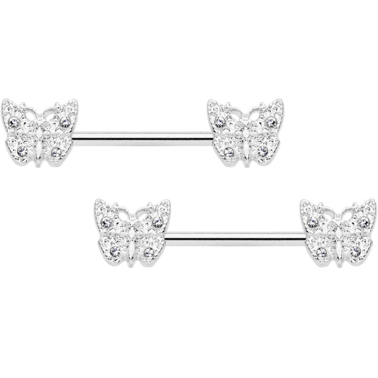 14 Gauge 9/16 Clear Gem Baroque Butterfly Barbell Nipple Ring Set