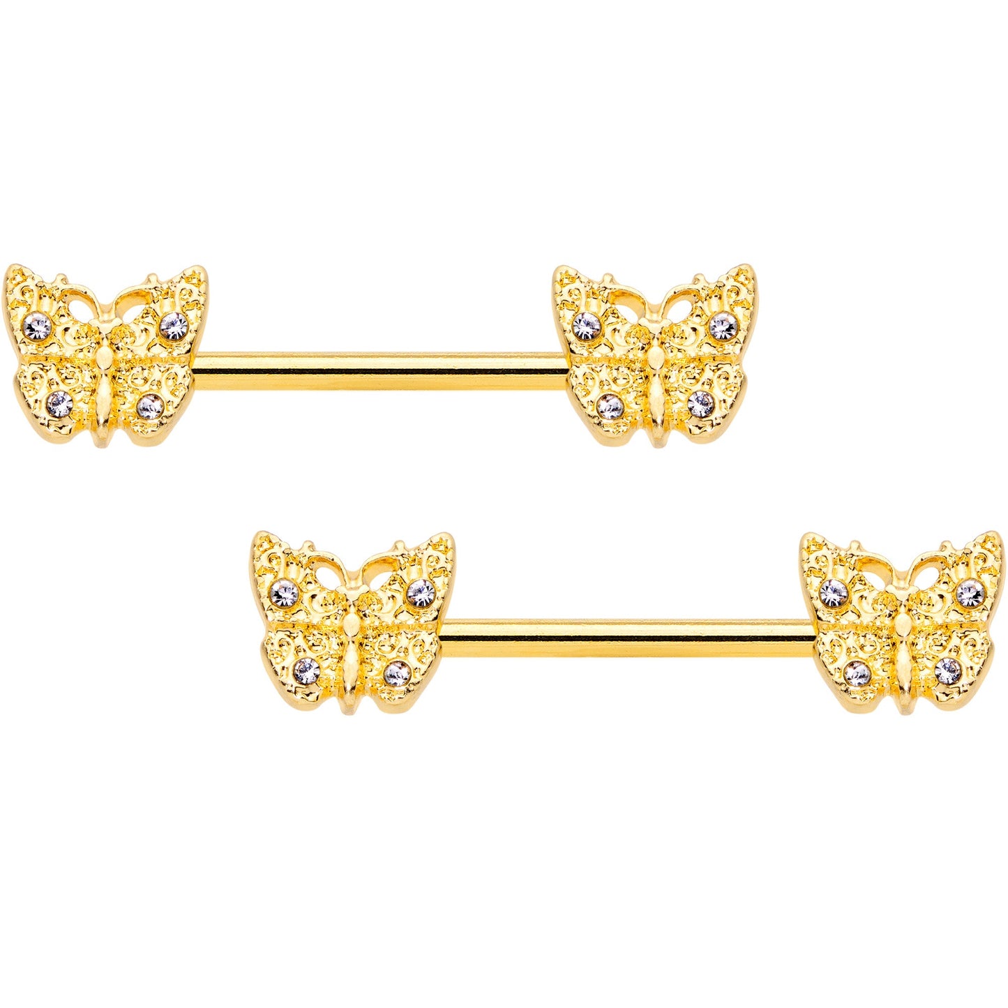 14 Gauge 9/16 Clear Gem Gold Tone Baroque Butterfly Nipple Ring Set