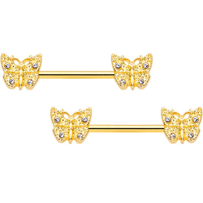 14 Gauge 9/16 Clear Gem Gold Tone Baroque Butterfly Nipple Ring Set