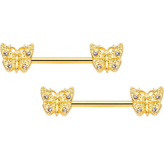 14 Gauge 9/16 Clear Gem Gold Tone Baroque Butterfly Nipple Ring Set