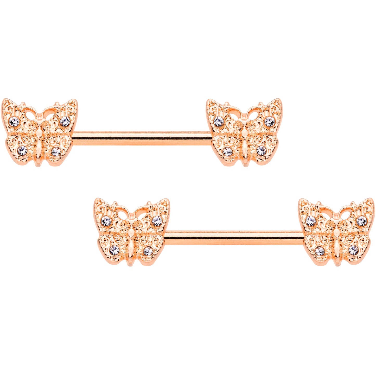 14 Gauge 9/16 Clear Gem Rose Gold Tone Butterfly Nipple Ring Set