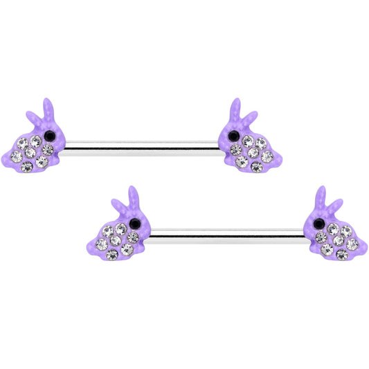 14 Gauge 9/16 Clear Gem Purple Easter Bunny Barbell Nipple Ring Set