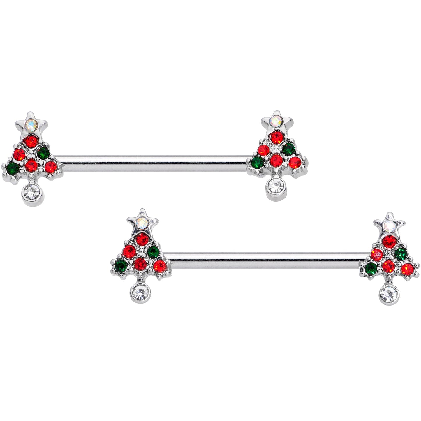 14 Gauge 11/16 Clear Red Green Gem Christmas Tree Nipple Ring Set