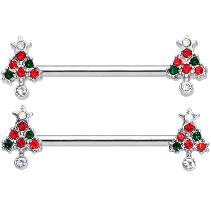 14 Gauge 11/16 Clear Red Green Gem Christmas Tree Nipple Ring Set