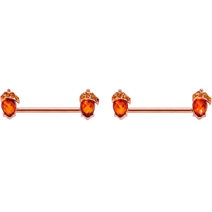 14 Gauge 5/8 Brown Gem Rose Gold Tone Autumn Acorn Nipple Ring Set