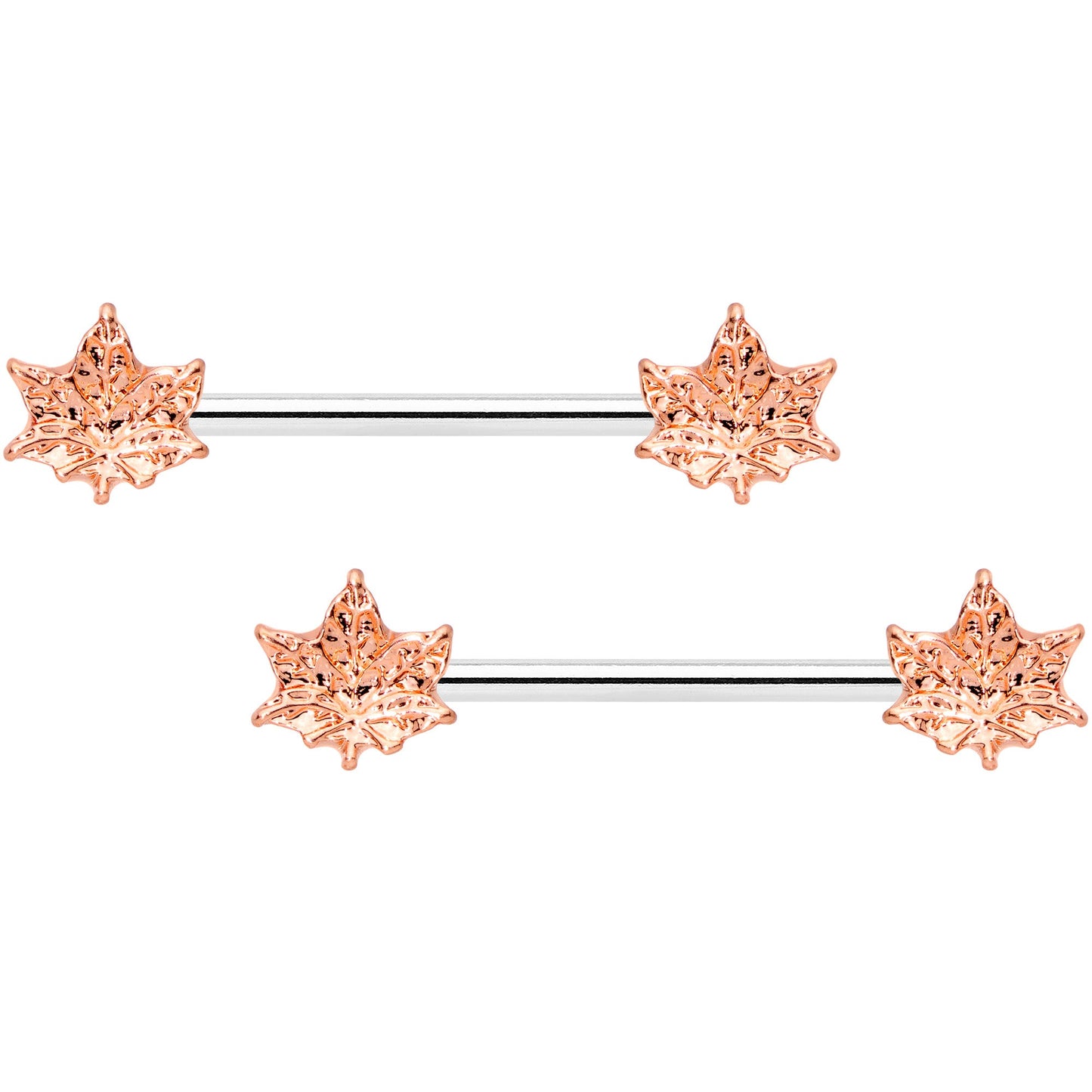 14 Gauge 5/8 Rose Gold Tone Pot Leaf Barbell Nipple Ring Set