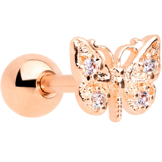 16 Gauge 1/4 Clear Gem Rose Gold Tone Butterfly Cartilage Earring
