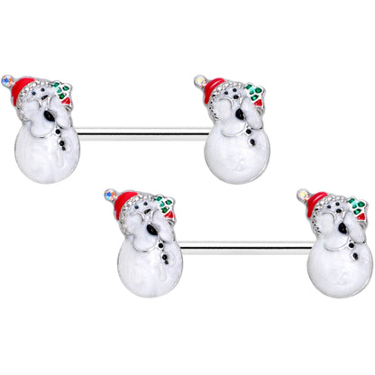 14 Gauge 9/16 Clear Gem Snowman Christmas Barbell Nipple Ring Set