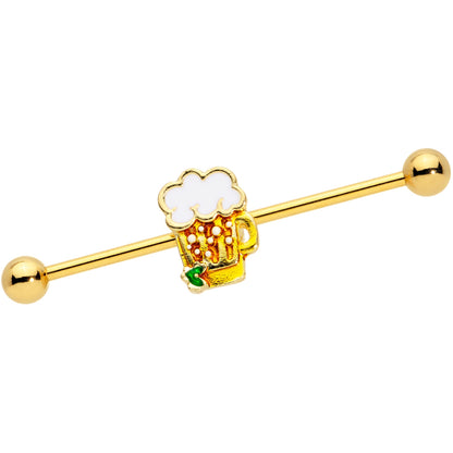 14 Gauge Gold Tone St Patricks Day Beer Mug Industrial Barbell 38mm