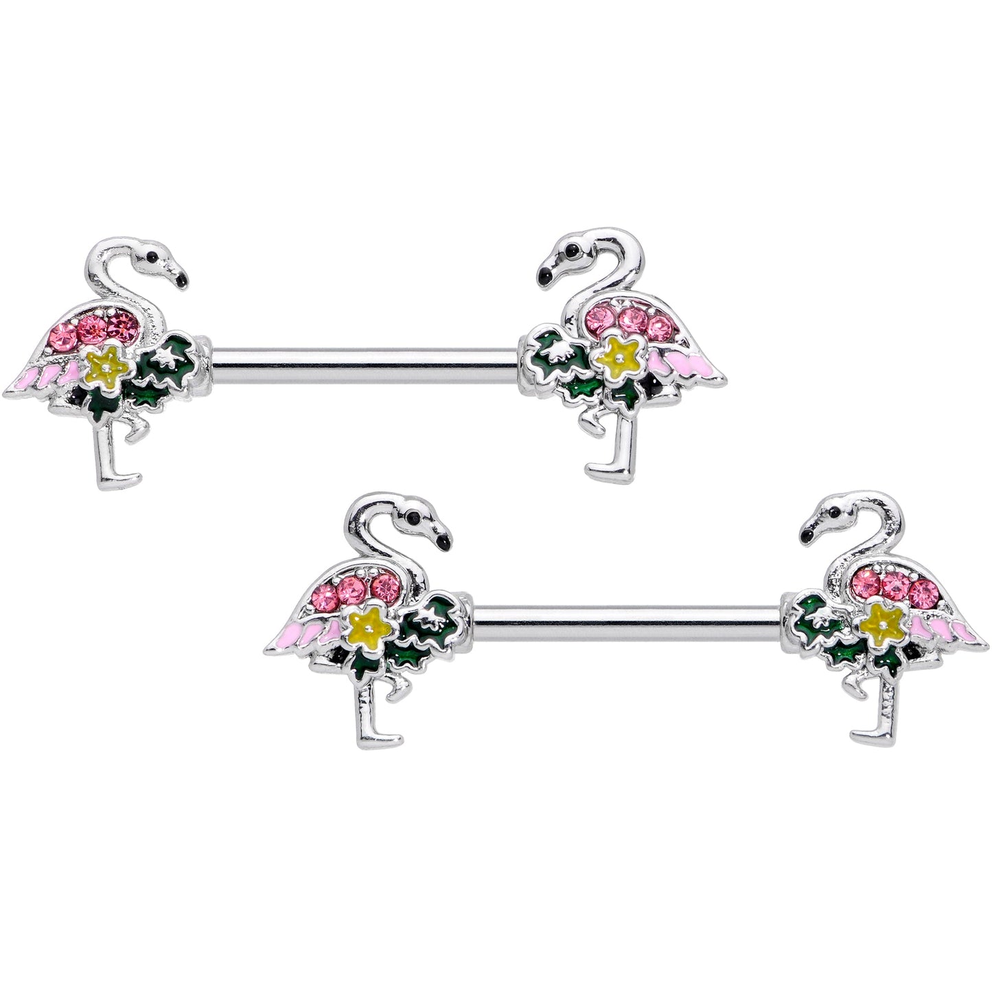 14 Gauge 9/16 Pink Gem Funky Flamingo Barbell Nipple Ring Set