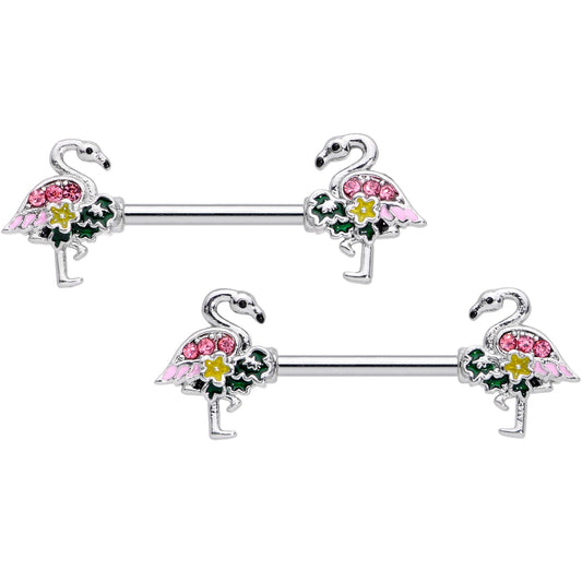 14 Gauge 9/16 Pink Gem Funky Flamingo Barbell Nipple Ring Set