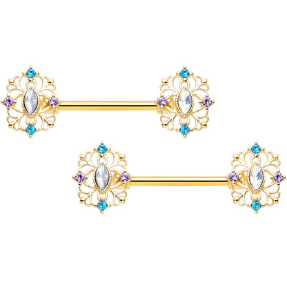 14 Gauge 9/16 White Synth Opal Gold Tone Web Barbell Nipple Ring Set