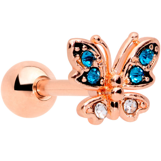 16 Gauge 1/4 Aqua Gem Rose Gold Tone Glam Butterfly Cartilage Tragus