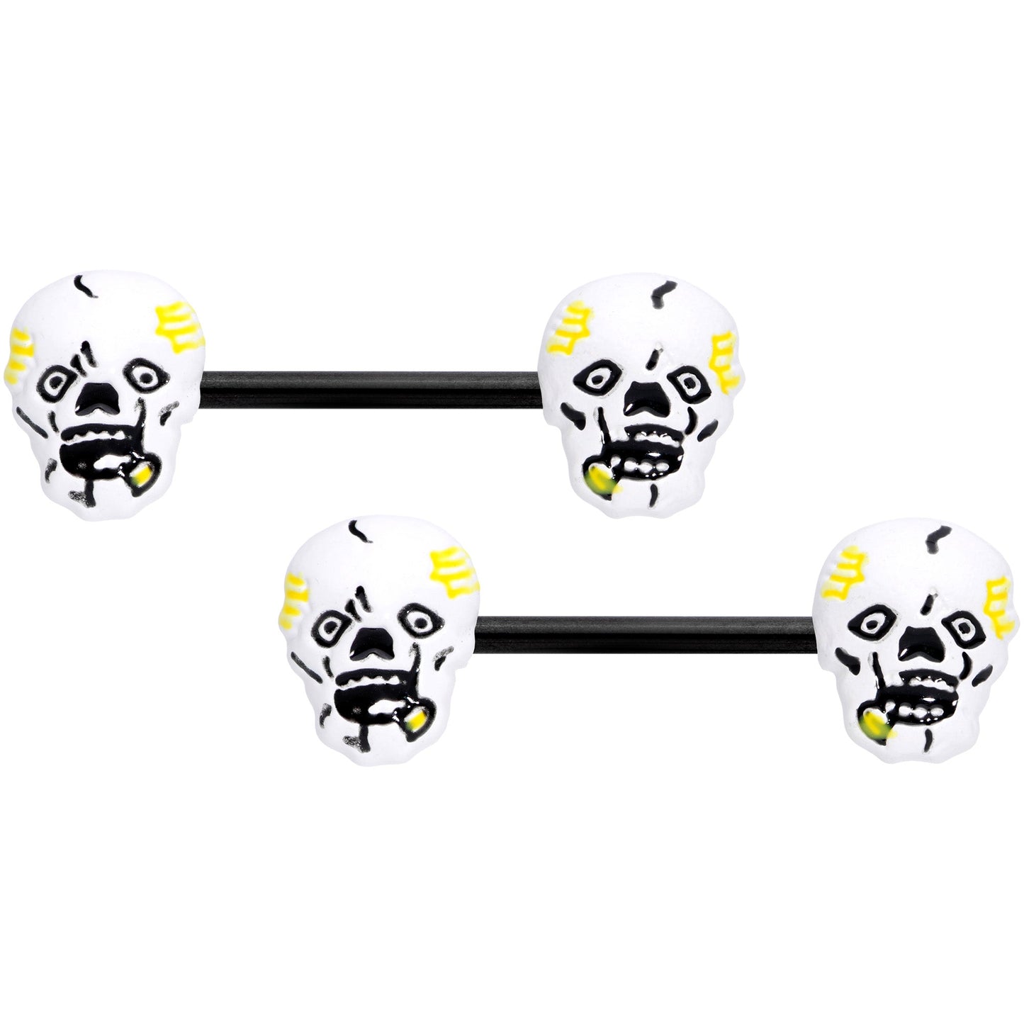 14 Gauge 9/16 Black White Skull Halloween Barbell Nipple Ring Set