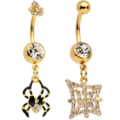 Clear Gem Gold Tone Spider Web Halloween Dangle Belly Ring Set of 2