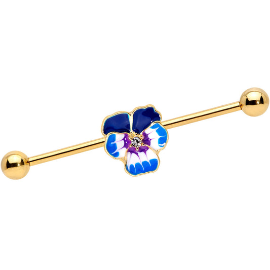 14 Gauge Clear Gem Gold Hue Blue Spring Flower Industrial Barbell 38mm