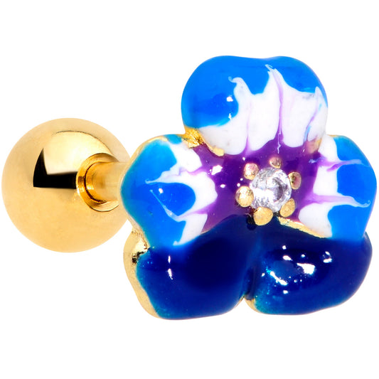 16 Gauge 1/4 Clear CZ Gem Gold Tone Blue Flower Cartilage Tragus