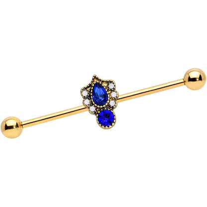 14 Gauge Blue Gem Gold Tone Heirloom Teardrop Industrial Barbell 38mm