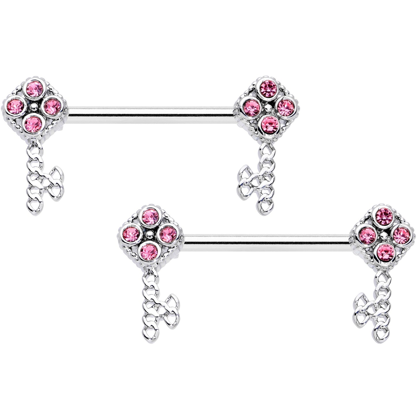 14 Gauge 9/16 Pink Gem Open Key Barbell Nipple Ring Set