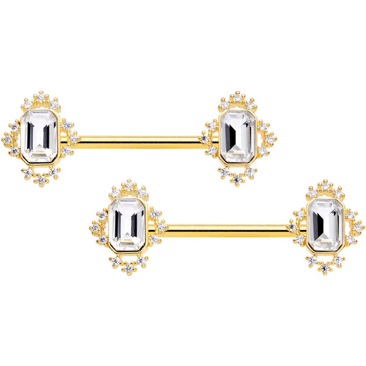 14 Gauge 9/16 Clear Gem Gold Tone Regal Rectangle Nipple Ring Set