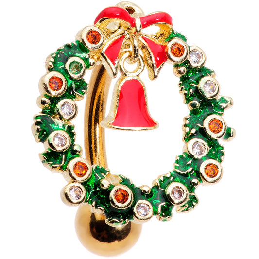 Clear Red Gem Holiday Wreath Bell Christmas Top Mount Belly Ring
