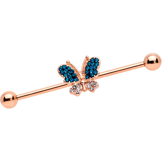 14 Gauge Aqua Gem Rose Gold Hue Butterfly Industrial Barbell 38mm