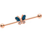 14 Gauge Aqua Gem Rose Gold Hue Butterfly Industrial Barbell 38mm