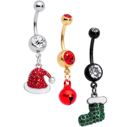 Red Green Gem Stocking Santa Cap Christmas Dangle Belly Ring Set of 3