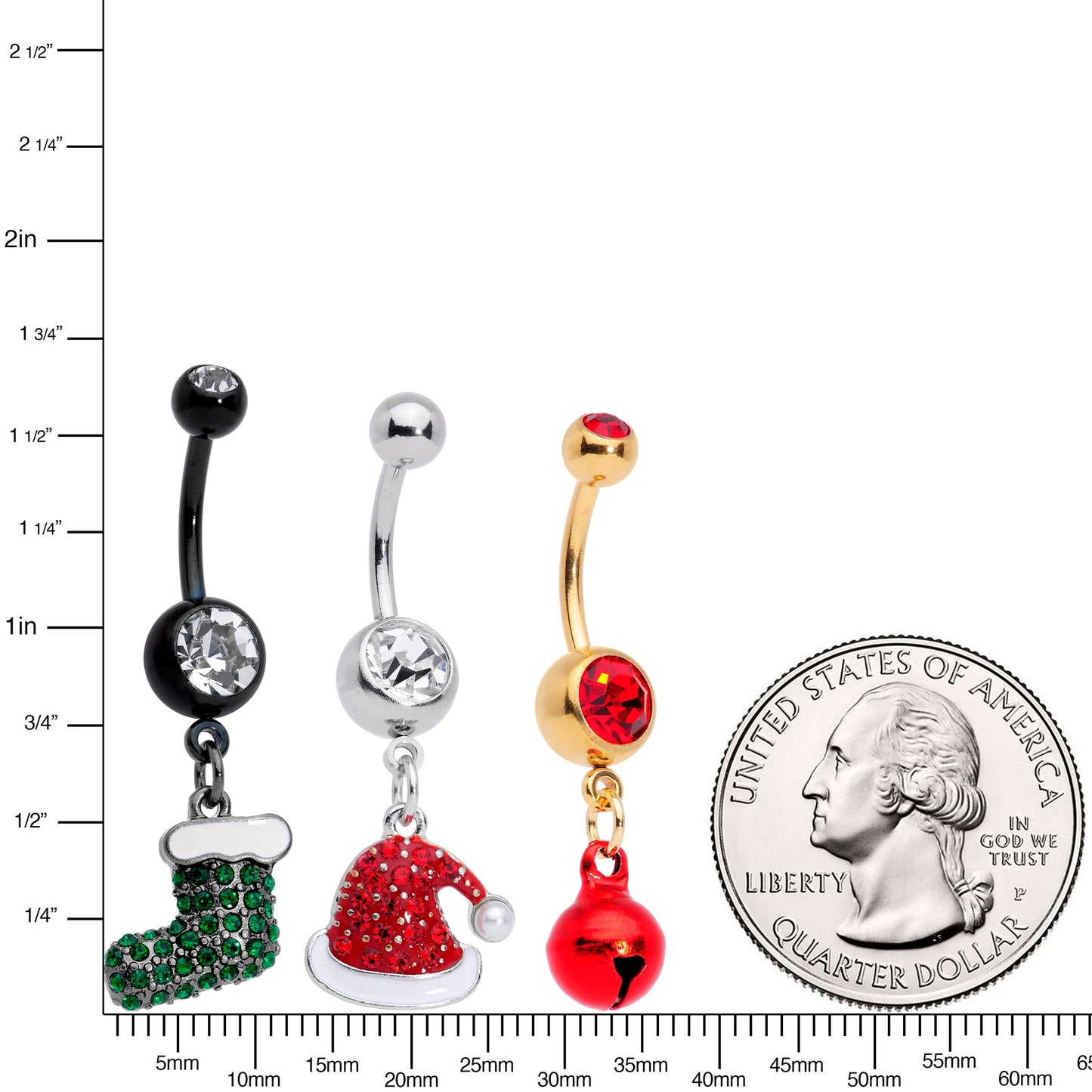 Red Green Gem Stocking Santa Cap Christmas Dangle Belly Ring Set of 3