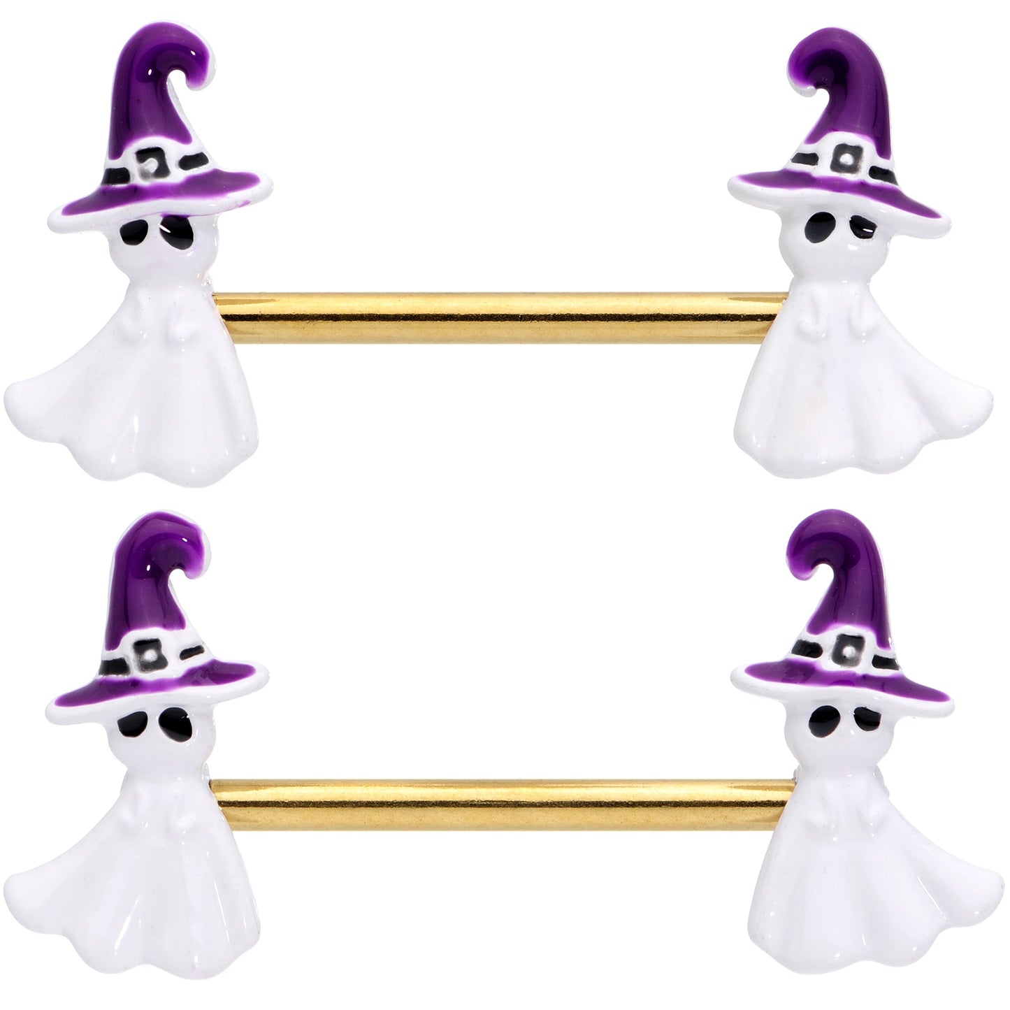 14 Gauge 9/16 Gold Tone Ghost Witch Halloween Barbell Nipple Ring Set