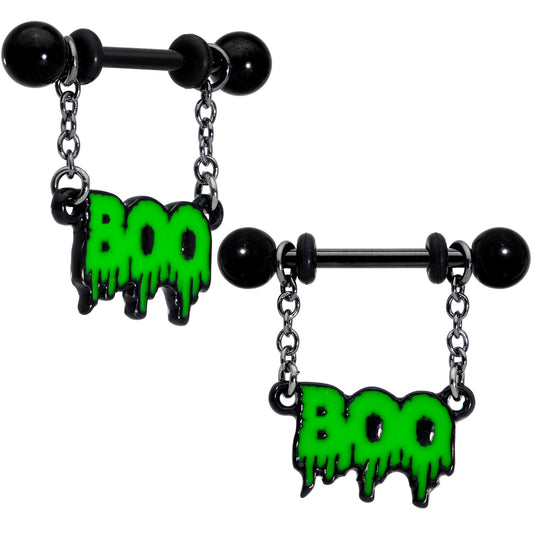 14 Gauge 9/16 Green Spooky Boo Halloween Chain Dangle Nipple Ring Set