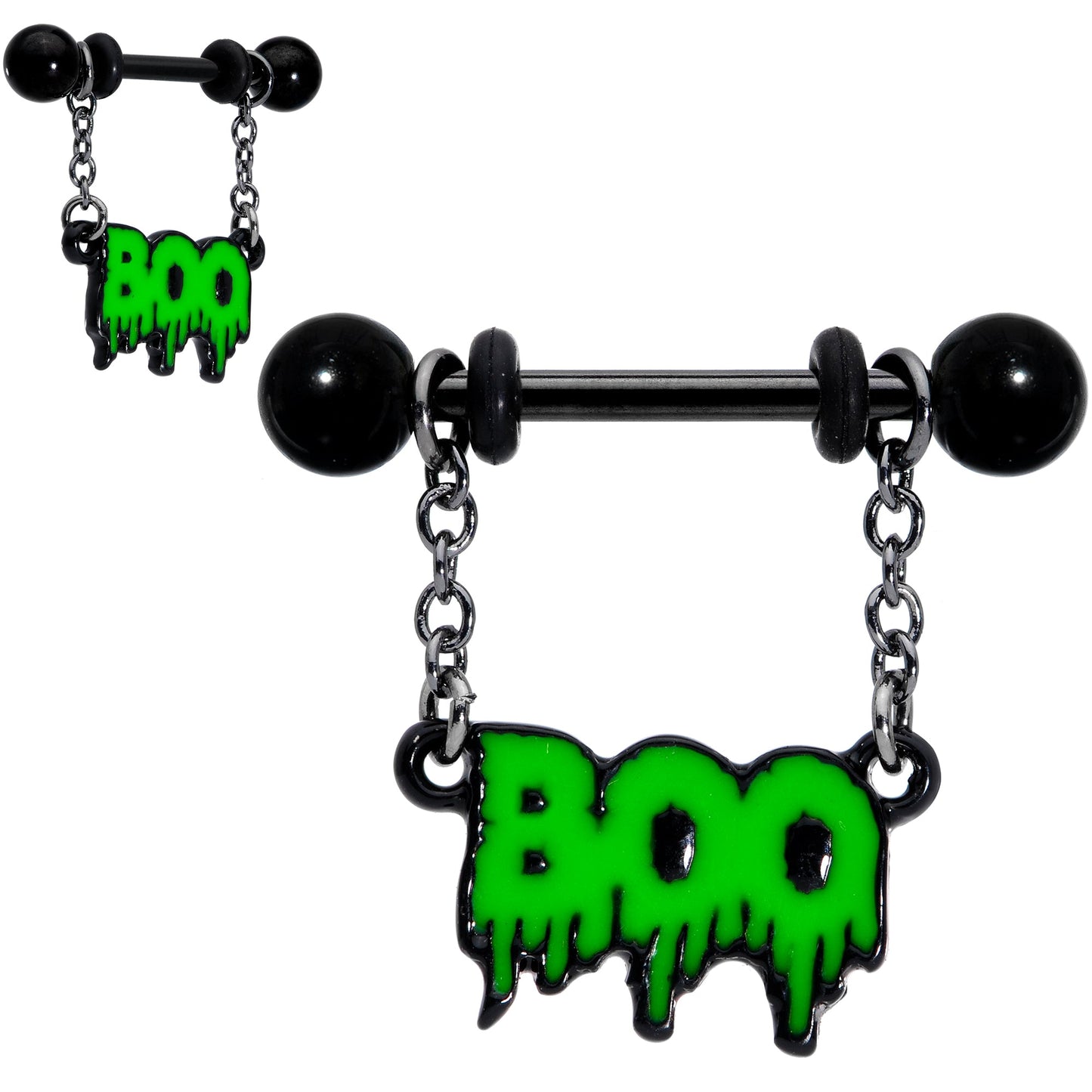 14 Gauge 9/16 Green Spooky Boo Halloween Chain Dangle Nipple Ring Set