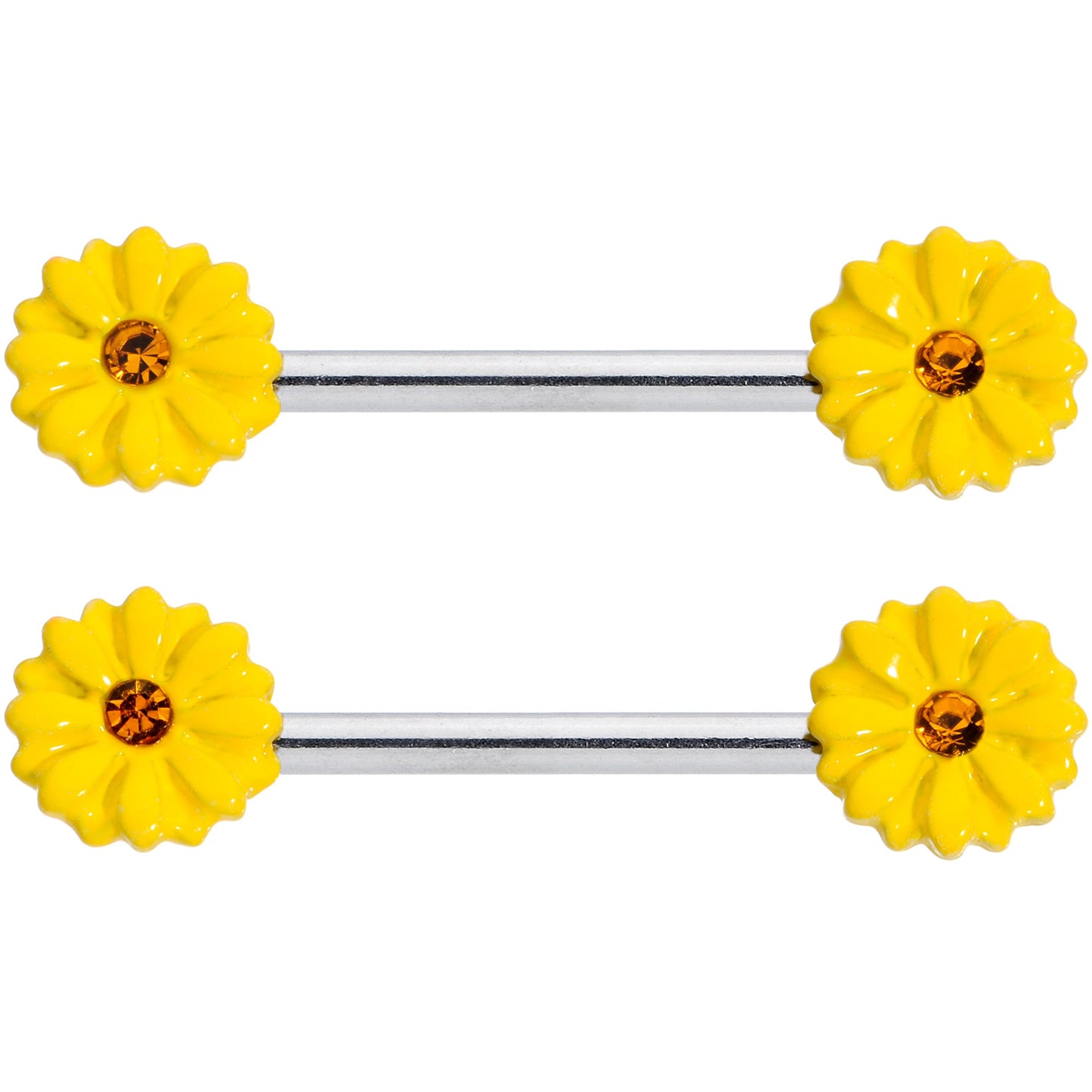 14 Gauge 9/16 Yellow Gem Yellow Sunflower Barbell Nipple Ring Set