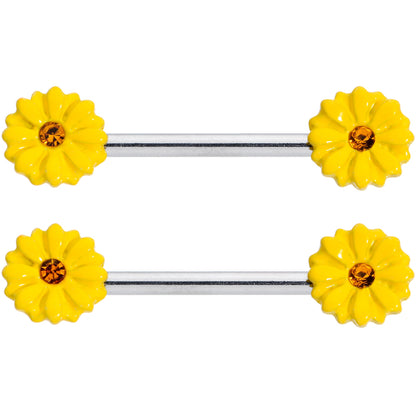 14 Gauge 9/16 Yellow Gem Yellow Sunflower Barbell Nipple Ring Set