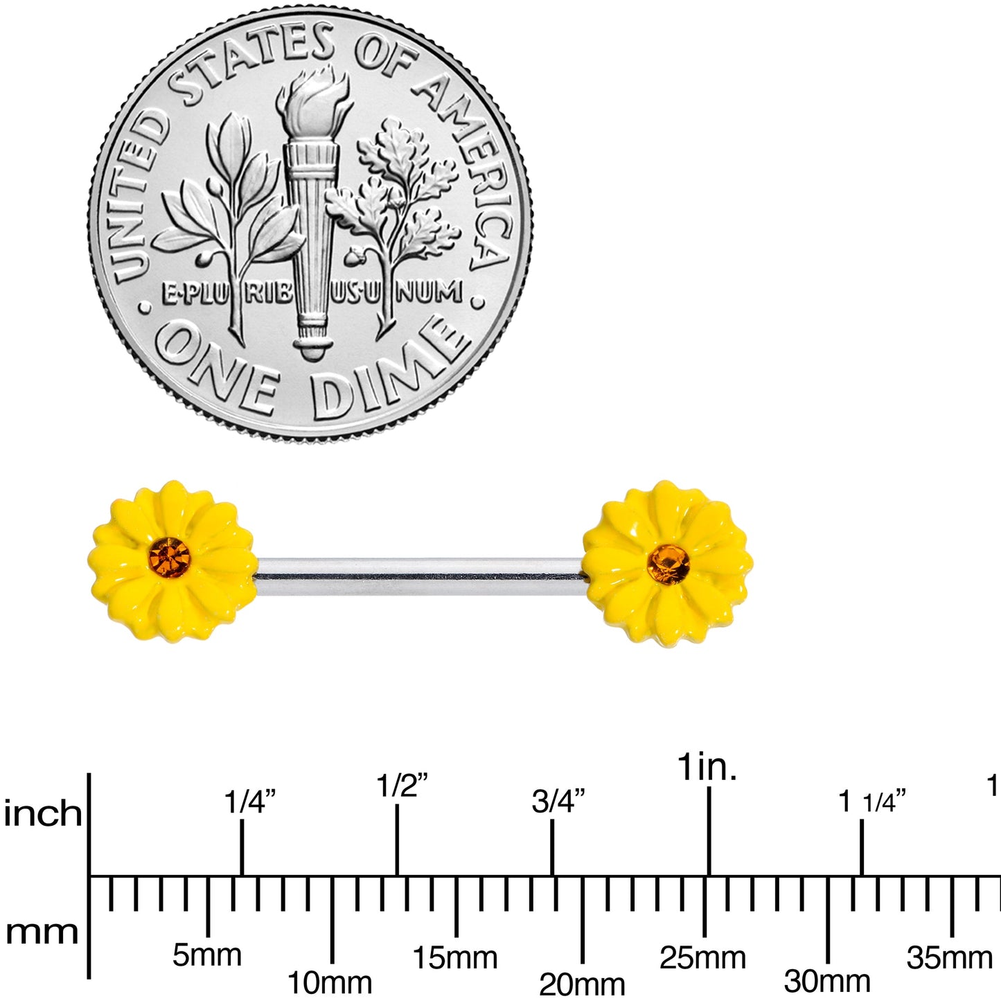 14 Gauge 9/16 Yellow Gem Yellow Sunflower Barbell Nipple Ring Set