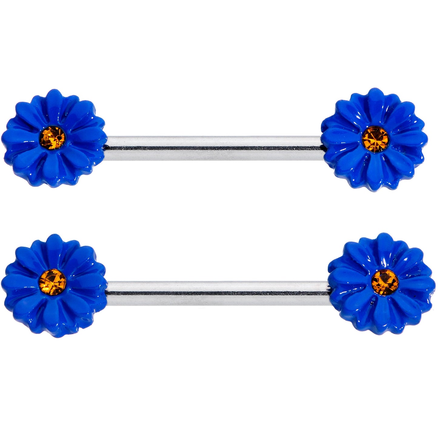 14 Gauge 9/16 Yellow Gem Blue Sunflower Barbell Nipple Ring Set