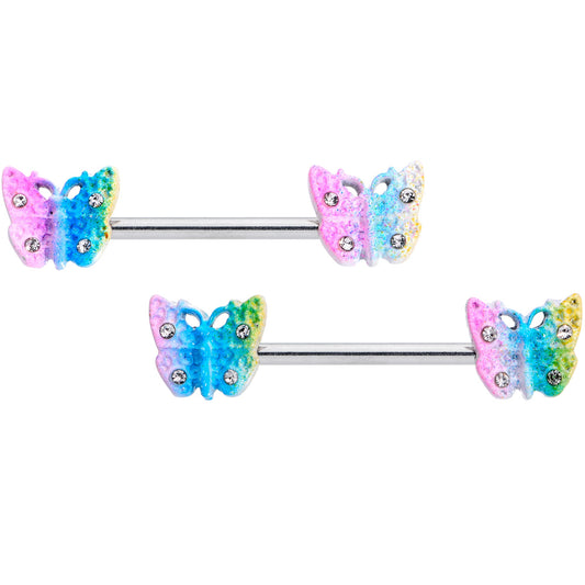 14 Gauge 9/16 Clear Gem Baroque Rainbow Butterfly Nipple Ring Set