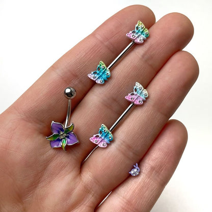 14 Gauge 9/16 Clear Gem Baroque Rainbow Butterfly Nipple Ring Set