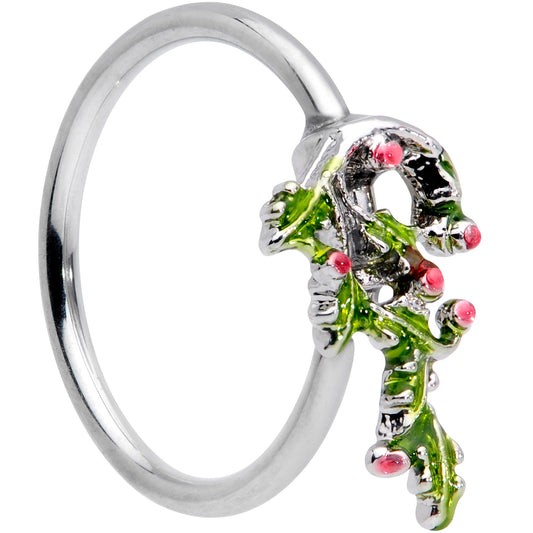 20 Gauge 5/16 Pink CZ Gem Candy Cane Holly Christmas Nose Hoop