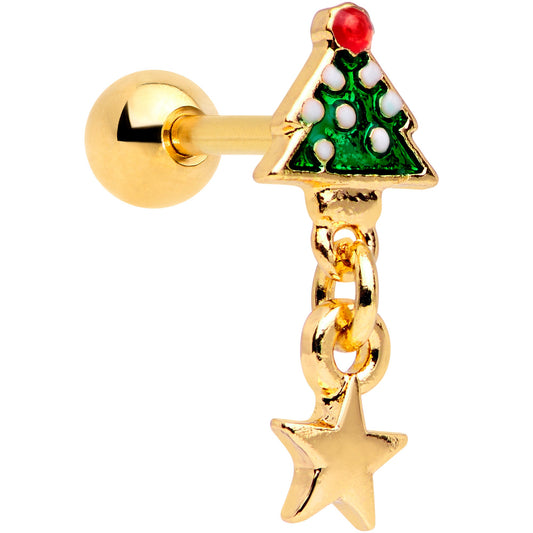 16 Gauge 1/4 Red Gem Gold Tone Tree Christmas Dangle Cartilage Tragus