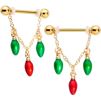 14 Gauge 9/16 Gold Tone Bulb Christmas Chain Dangle Nipple Ring Set